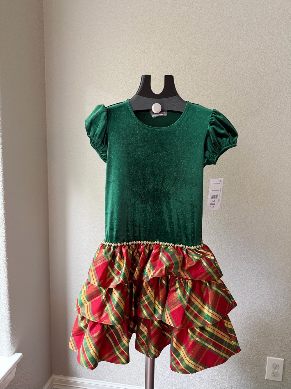 Bonnie Jean Green Velvet Bodice Red Plaid Tiered Holiday Dress